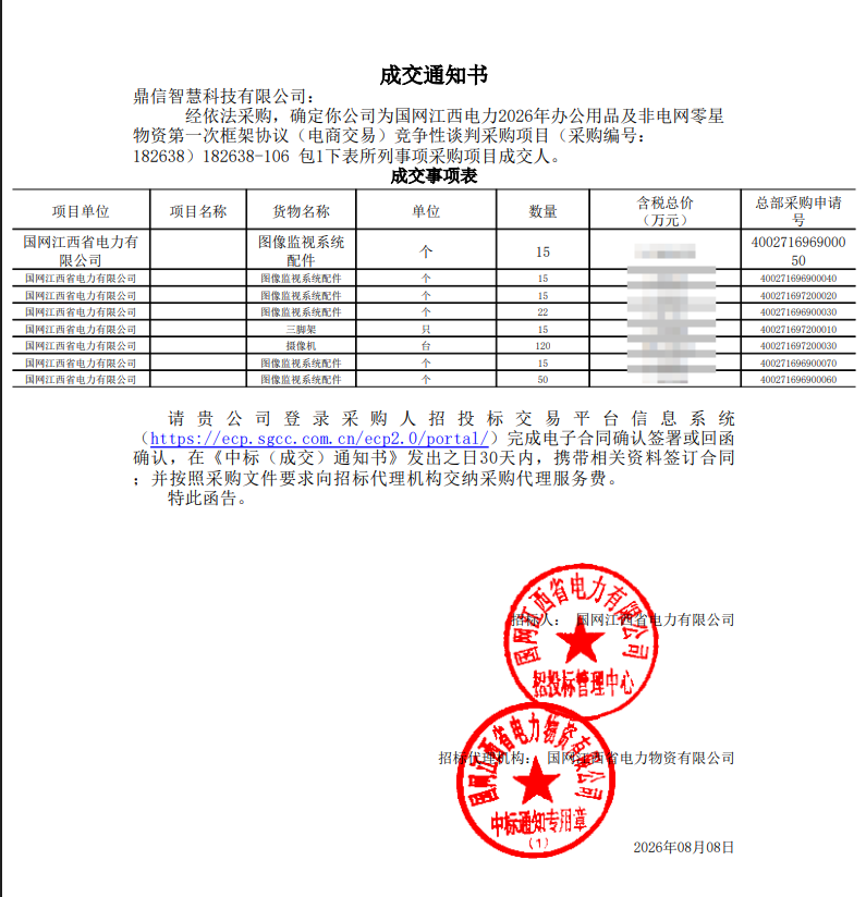 2026年08月08日 成功中標為國網江西省電力有限公司采購項目圖像監視系統配件