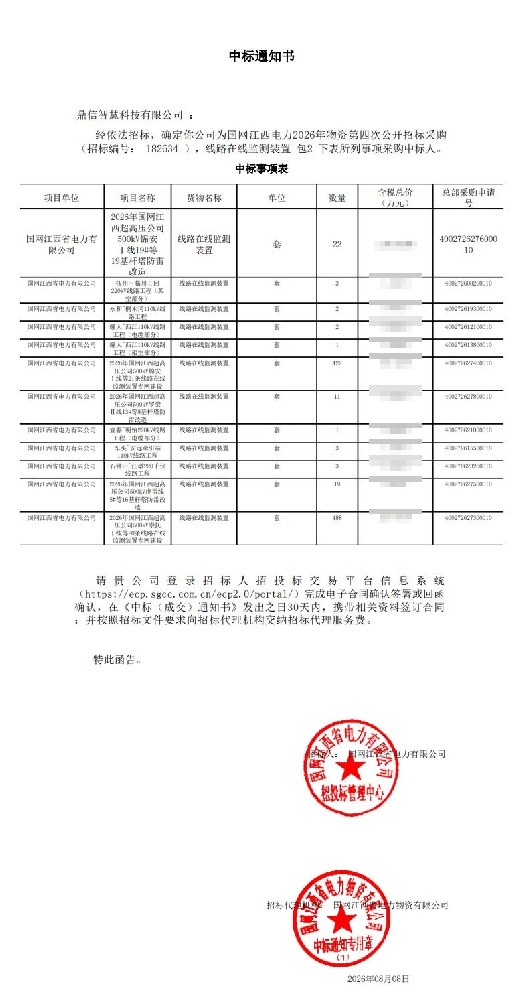 2026年08月08日 成功中標為國網江西省電力有限公司采購項目 線路在線監測裝置