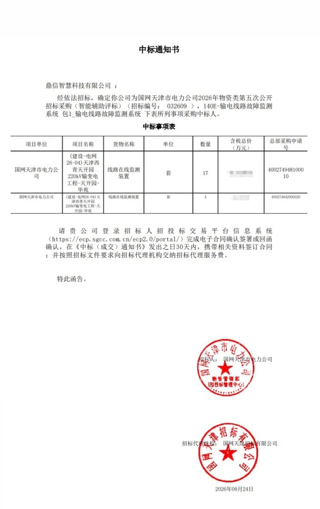 2026年09月24日 成功中標(biāo)為國網(wǎng)天津市電力公司采購項目 輸電線路故障監(jiān)測系統(tǒng)