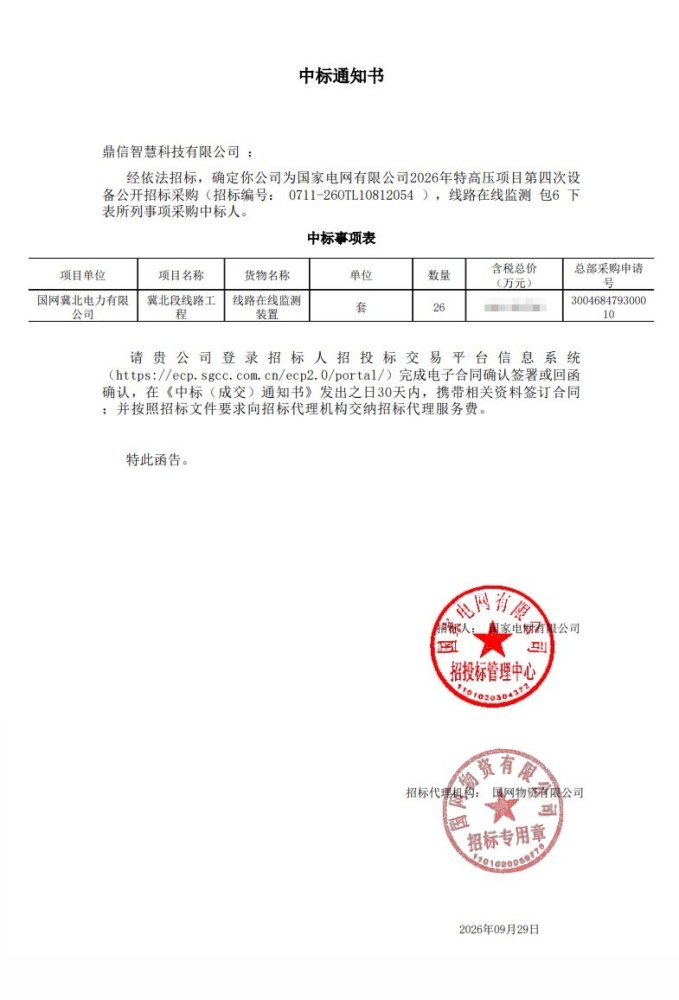 2026年09月29日 成功中標(biāo)為國家電網(wǎng)有限公司采購項目 線路在線監(jiān)測裝置
